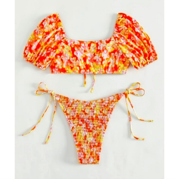 💚5/$25 Puff Sleeve Tropical Floral 2 Bikini Set Cheeky Bottom Smocked Swimsuit - Picture 6 of 8